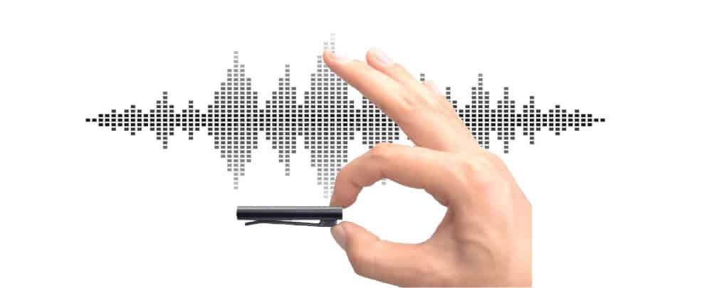 a hand holding an audio recorder in a soundwave background