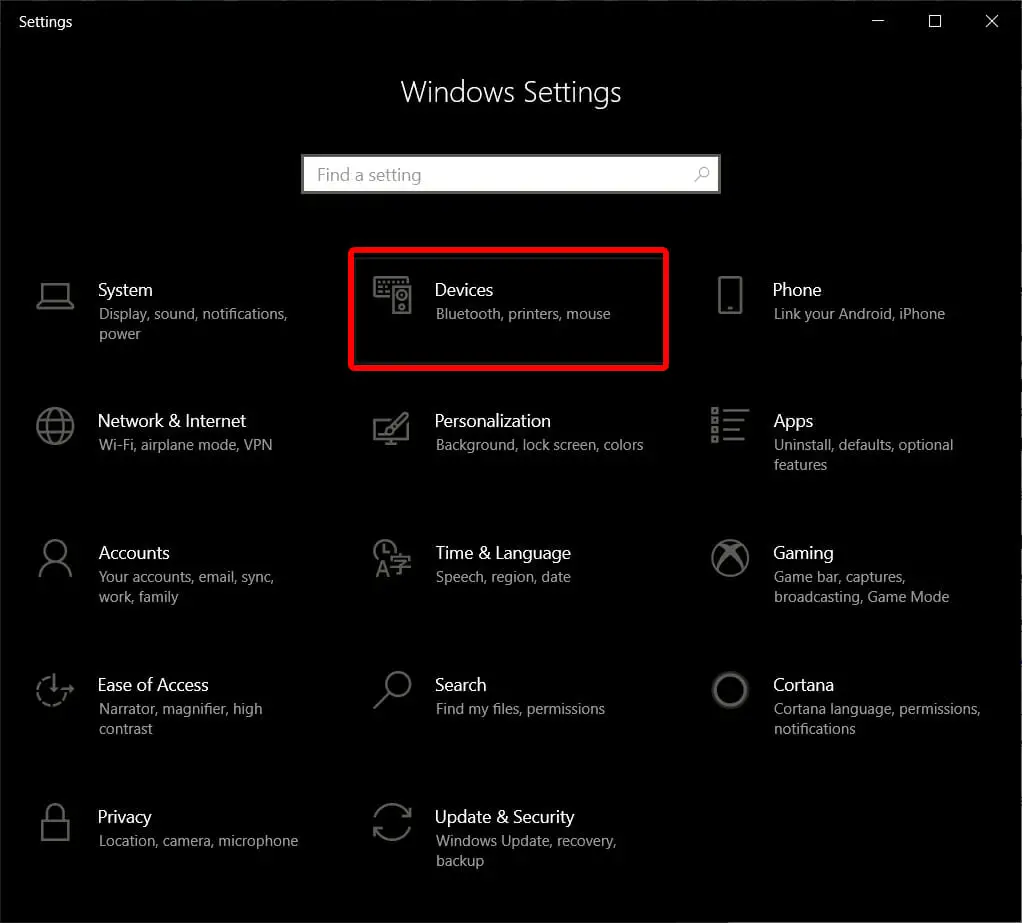 windows settings for devices
