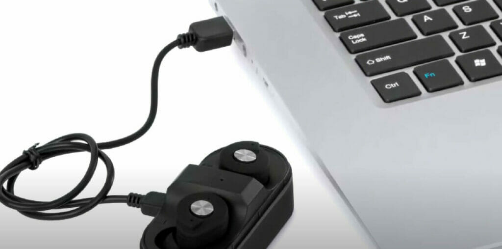 charging the brookestone wireless earbuds via USB connector to the laptop