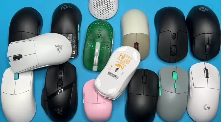 a group of different size, style and color of wireless mouse