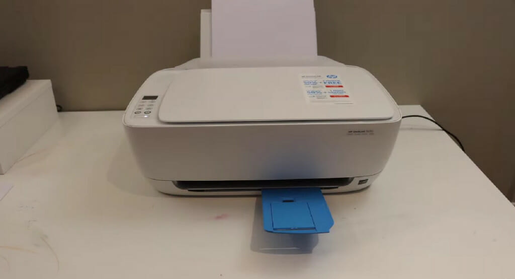 an HP Printer in white and blue color