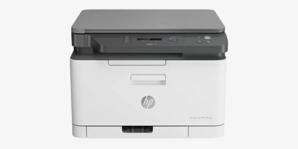 HP printer in whie with gray cover