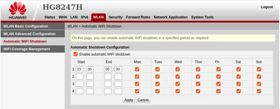 Example of a router setting for automatic shut-off during nights