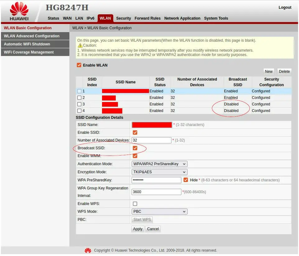 SSID settings on a router