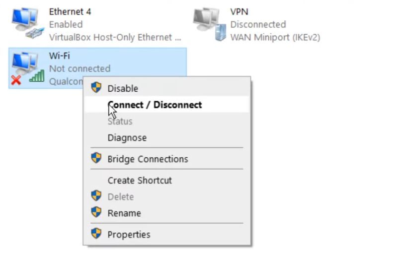 Windows setting for connecting and disconnecting to WiFi network