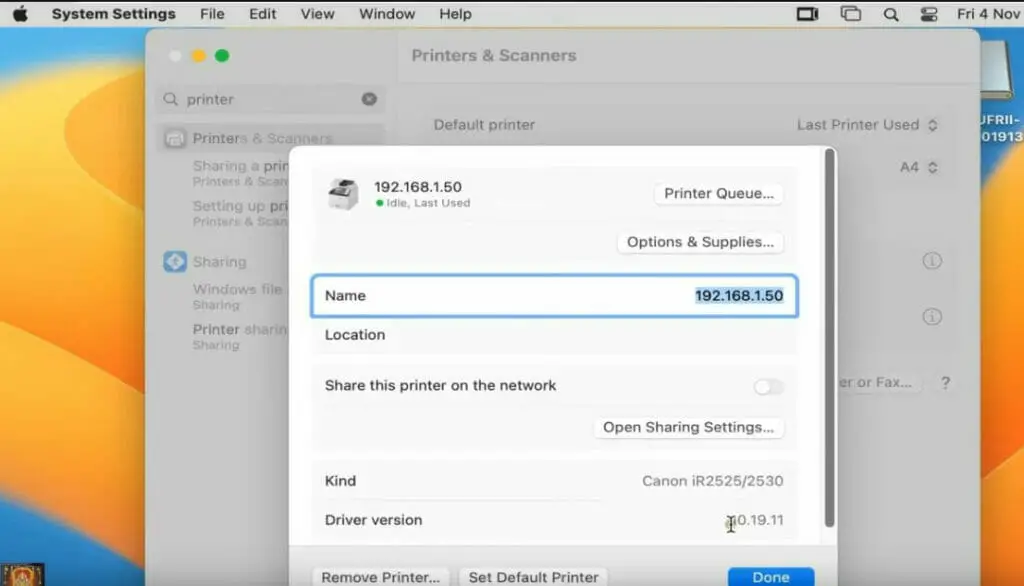 wireless printer IP and share settings