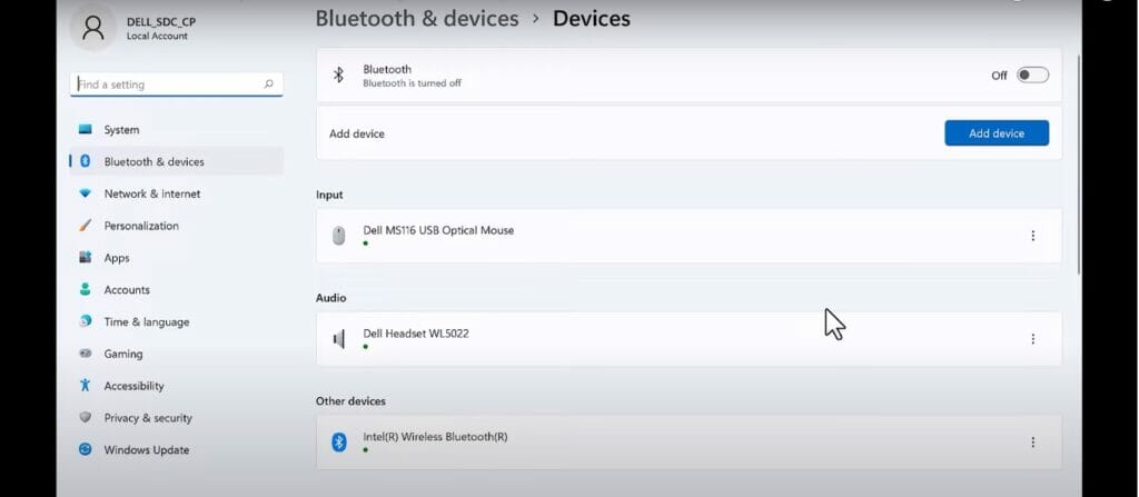 A window for Bluetooth & devices setting