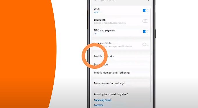 A samsung galaxy s10 phone with an orange circle on the Mobile network option