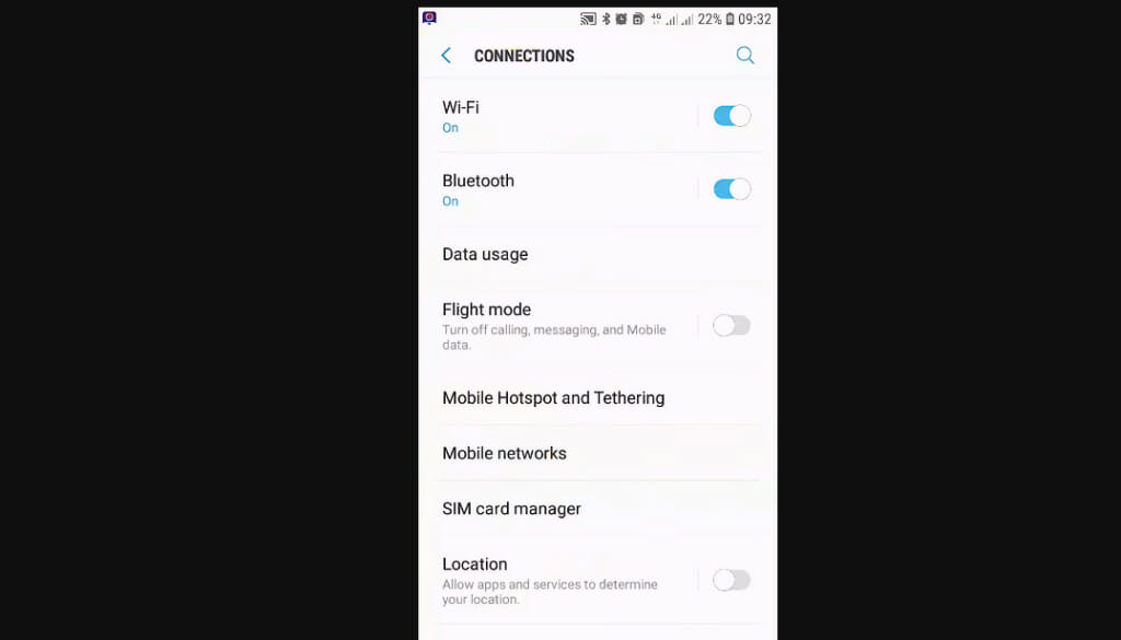 "Connections" and "Mobile Network" menu on phone setting