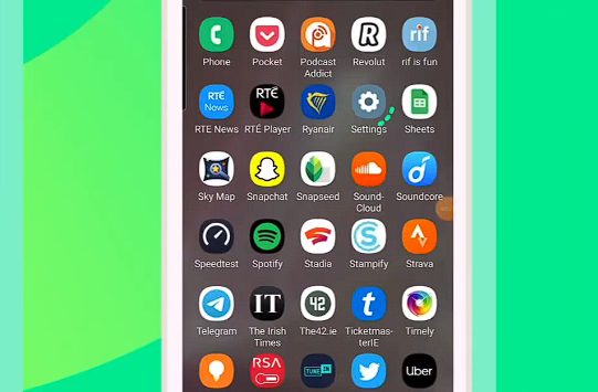 Phone's homescreen icons in a green background