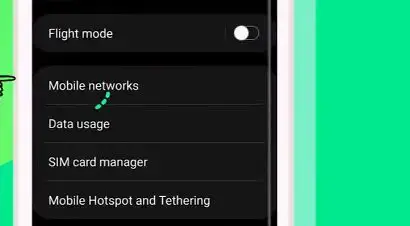 Mobile network option on phone with green background