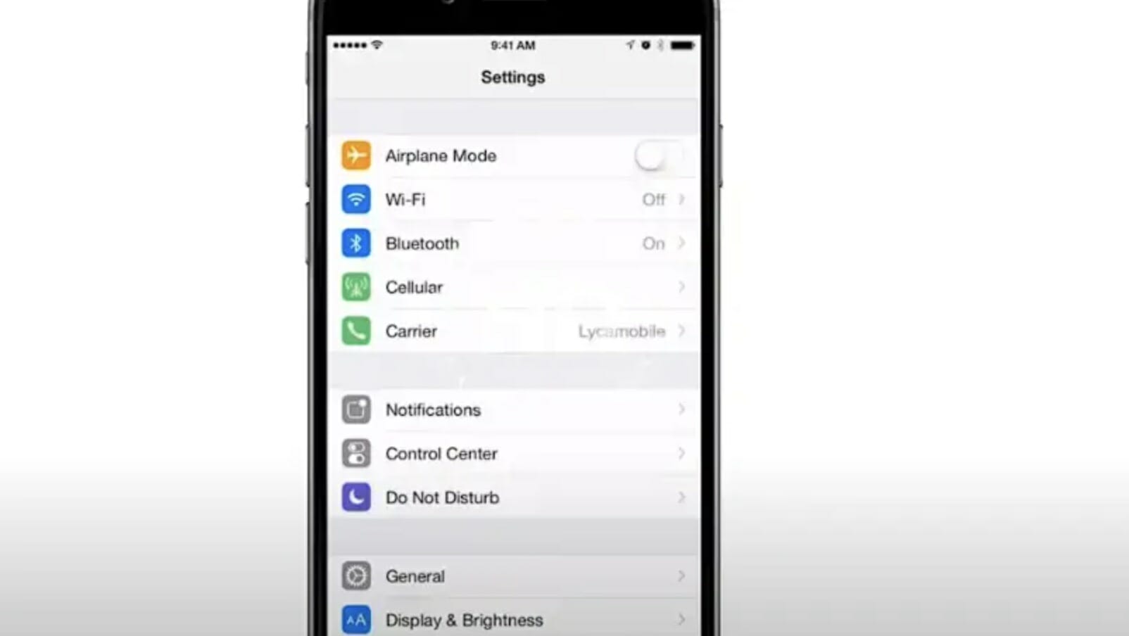 List of settings on an iphone