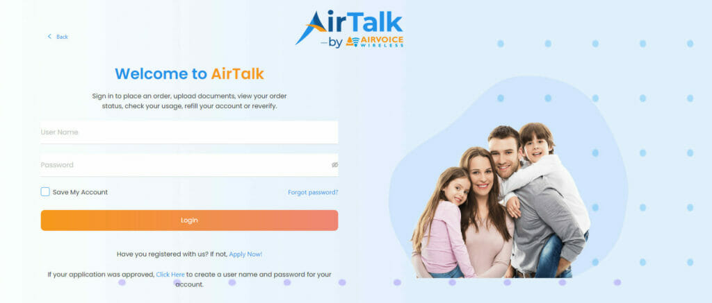 The airtalk login page with a family in front of it