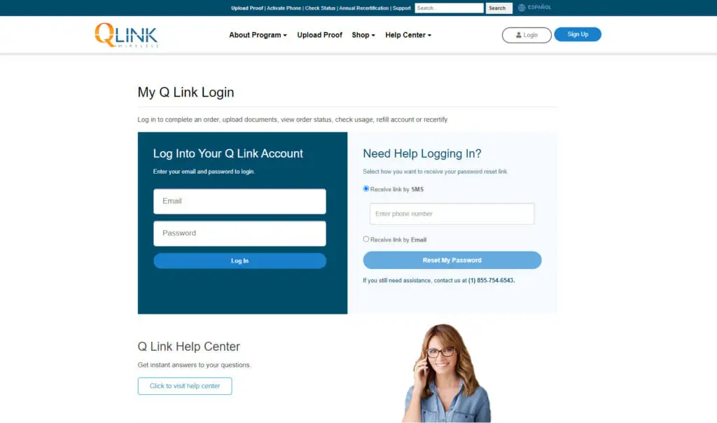 A screen shot of a QLink website on a login page