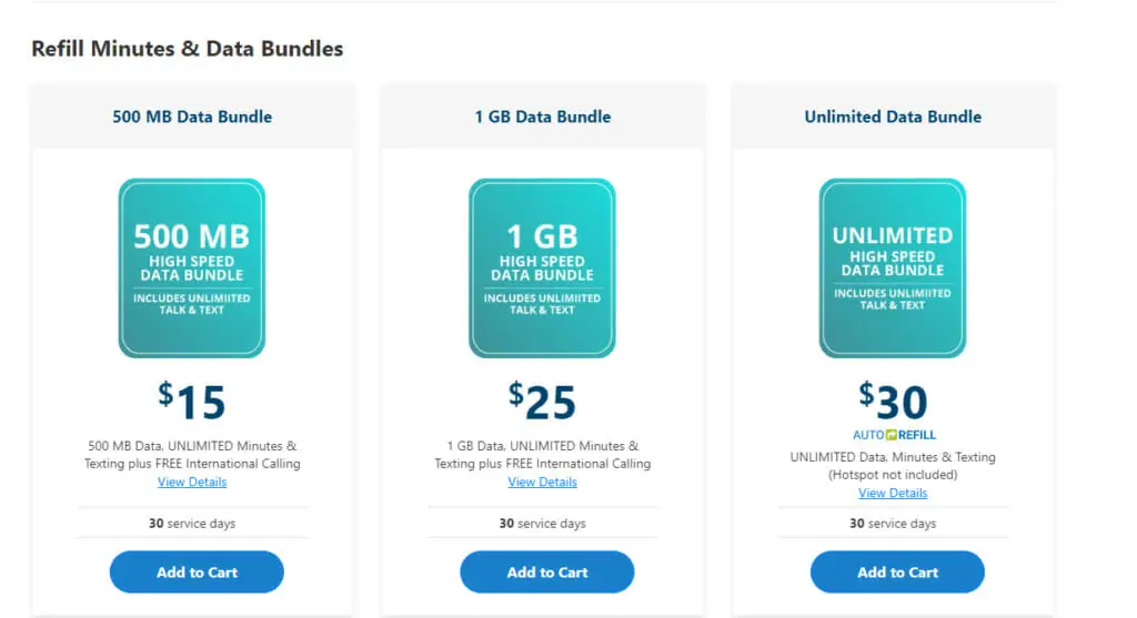 A page showing the different prices for the different types of data plans