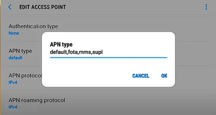 default, fota, mms, supl as APN type