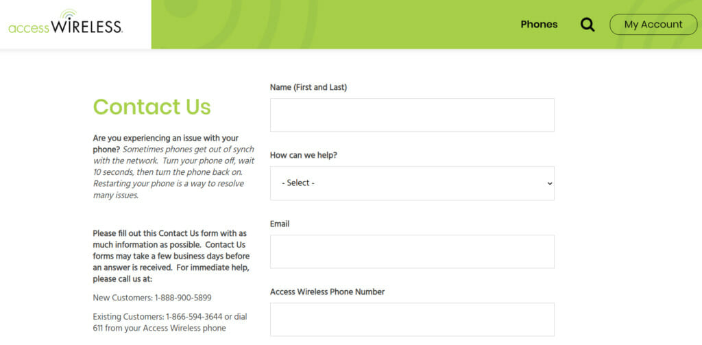 A screenshot of an Access Wireless contact us page with web form on it