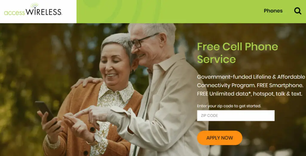 Screenshot of AccessWireless website with a banner of an old woman and man smiling while looking at the phone