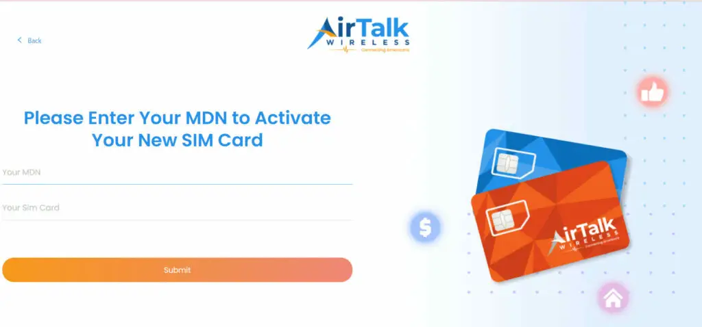 An AirTalk Wireless web page with new sim card activation form