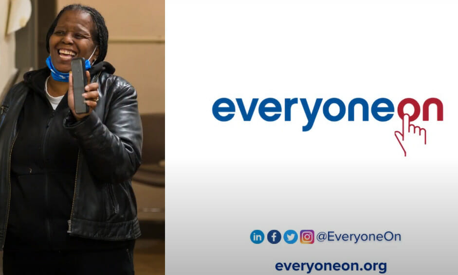 EveryoneOn logo with a woman holding a cell phone