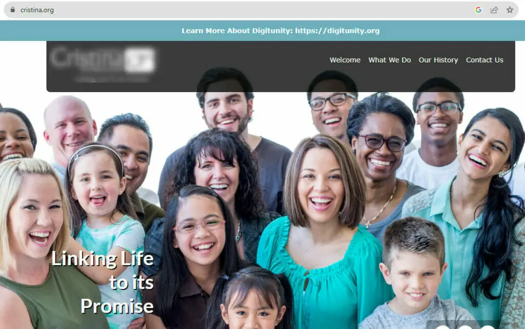 Christina.org website with a banner image of people and children and a text that says: Linking Life to its Promise