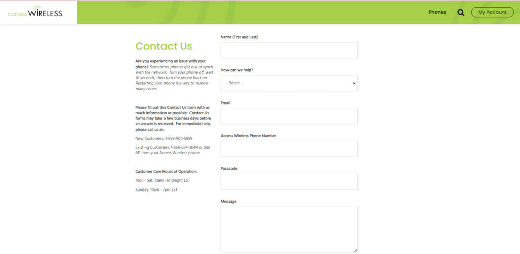 A screen shot of a contact form page of Access Wireless website
