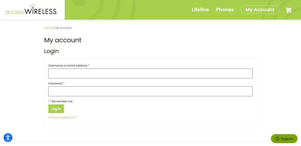 My Account Login page of Access Wireless website