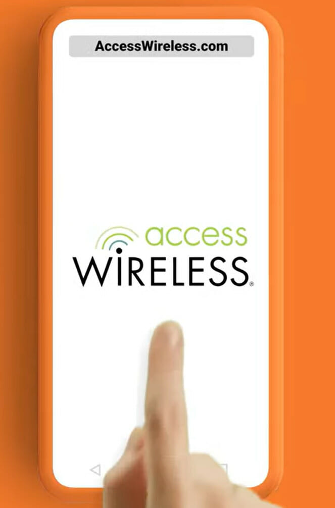 A hand is pointing at the access wireless logo on a phone in an orange background