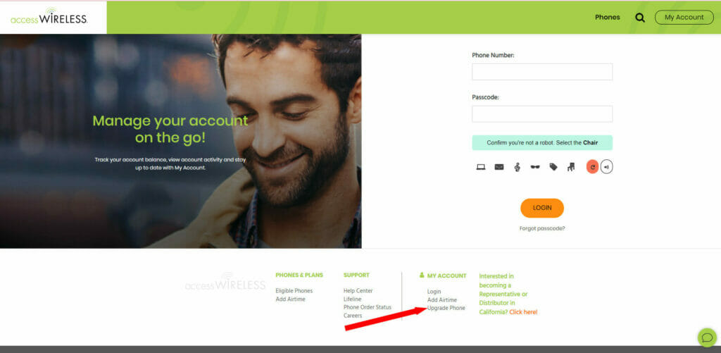 A screen shot of an Access Wireless website with an image of a man on a banner with text "Manage your account on the go!"