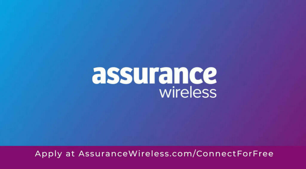 Assurance wireless logo on a purple-blue background with a text and url to apply at the bottom