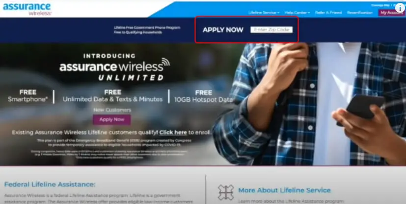 A screen shot of the Assurance wireless website