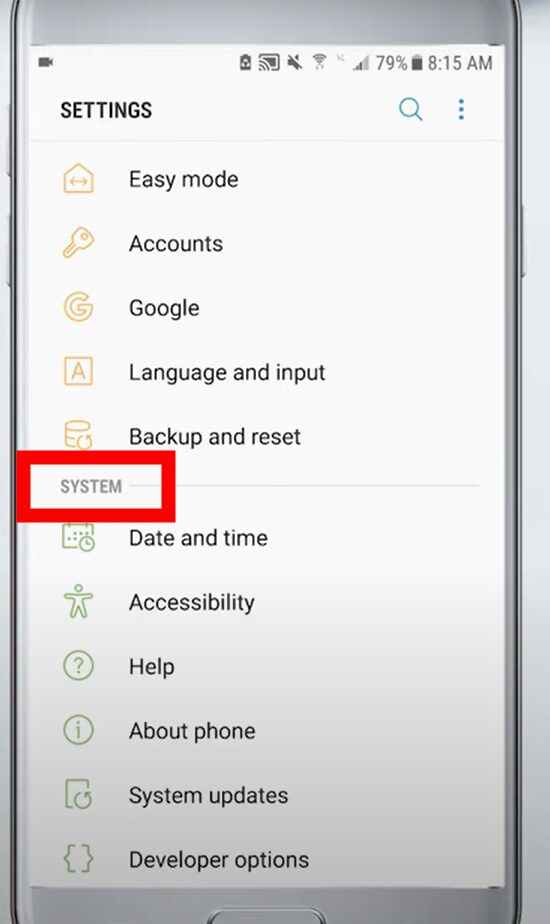 Android phone's System settings
