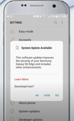 A pop up for System Update Available on an Android phone