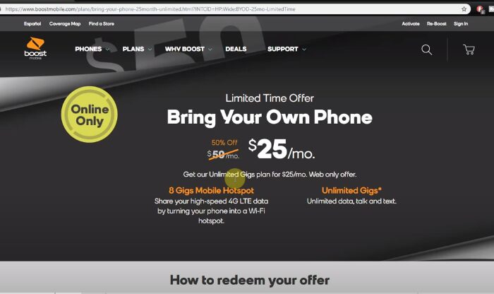 A screenshot of an ad banner offering a phone on a limited time on boost website