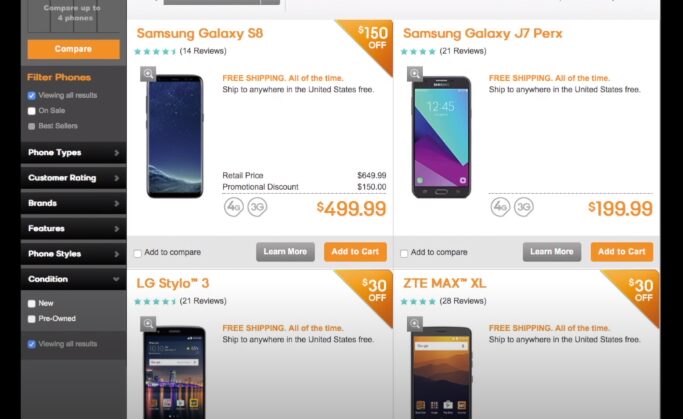 A screenshot of phone options at boost website