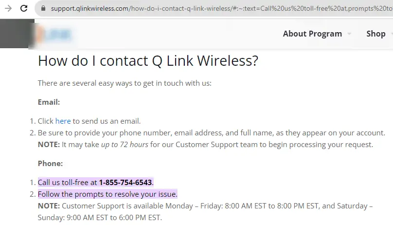 Support Qlink Wireless FAQ web page