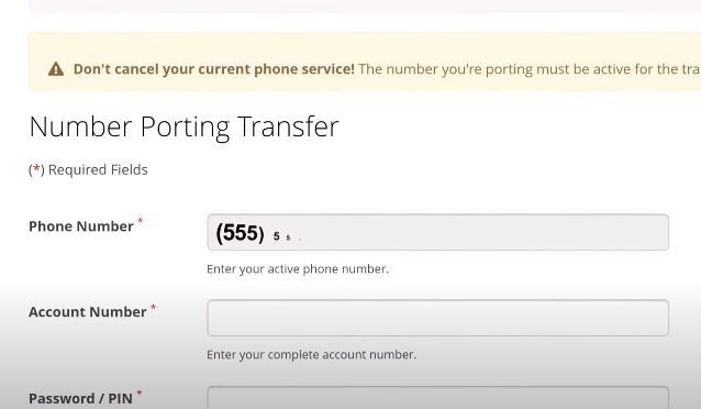 A screenshot of the number porting transfer form page