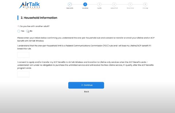 A screenshot of an AirTalk Wireless Household Information web form