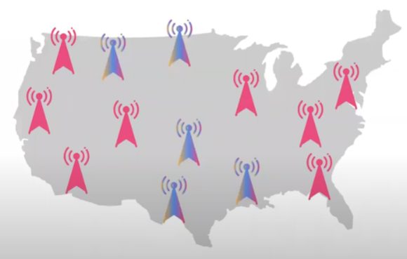 A map of the United States with pink and blue satellite icon indicator