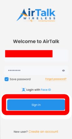 The airtalk wireless app login page
