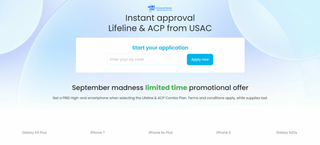 A screen shot of a website with the words instant approval lifeline & acp from usac