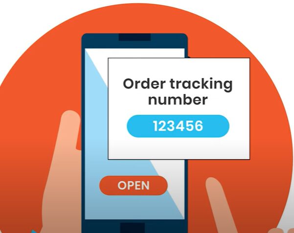 A person holding up a smartphone with an order tracking number