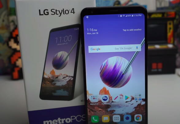 An LG Stylo 4 phone with its box
