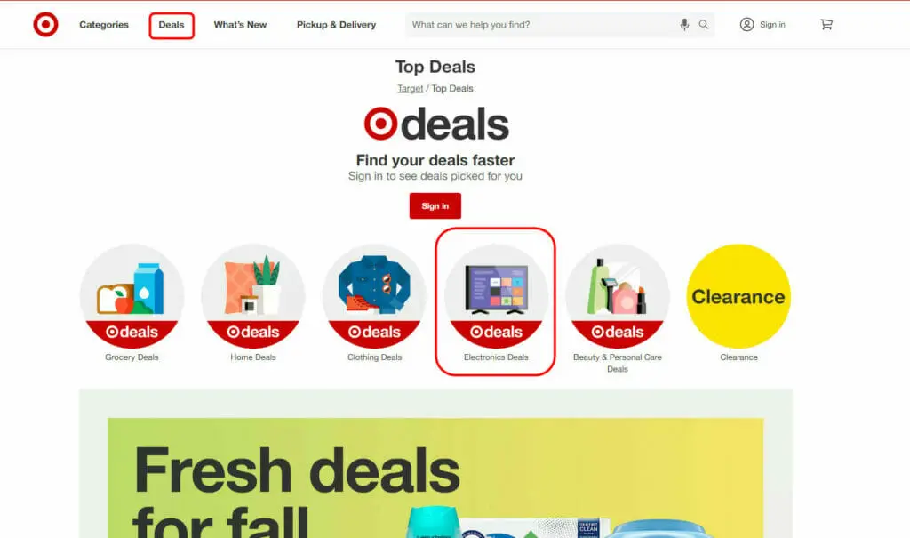 A screenshot of the target deals page