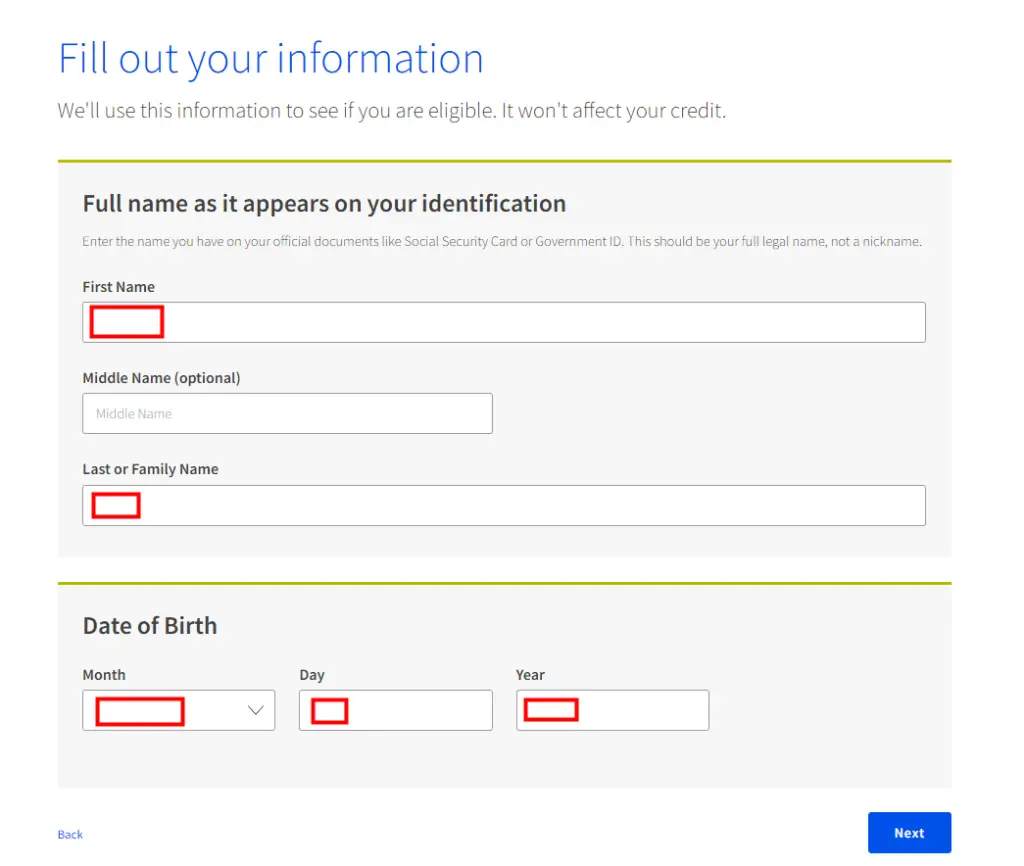 A screen showing the fill your information page