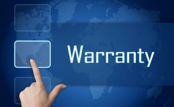 A hand pointing on a square besides the word warranty on a blue background