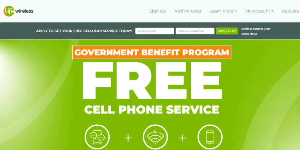 Life Wirless website with a big banner add that says Government Benefit Program Free Cell Phone Service in an apple green background
