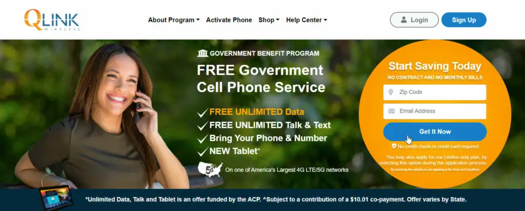 QLink Wireless website with a woman on a phone talking on the phone in a banner