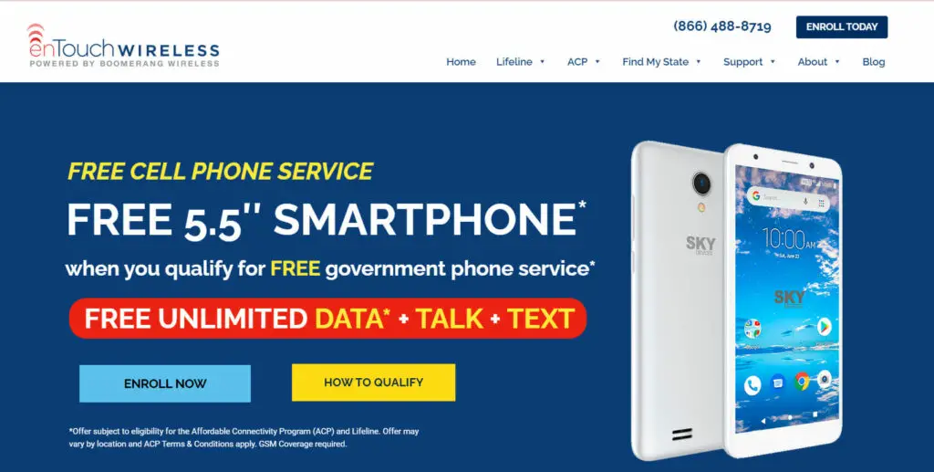 enTouch Wireless website with a slider banner ad for a free 5.5 smartphone