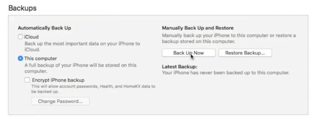 Selecting 'Backup Now' on an iOS device
